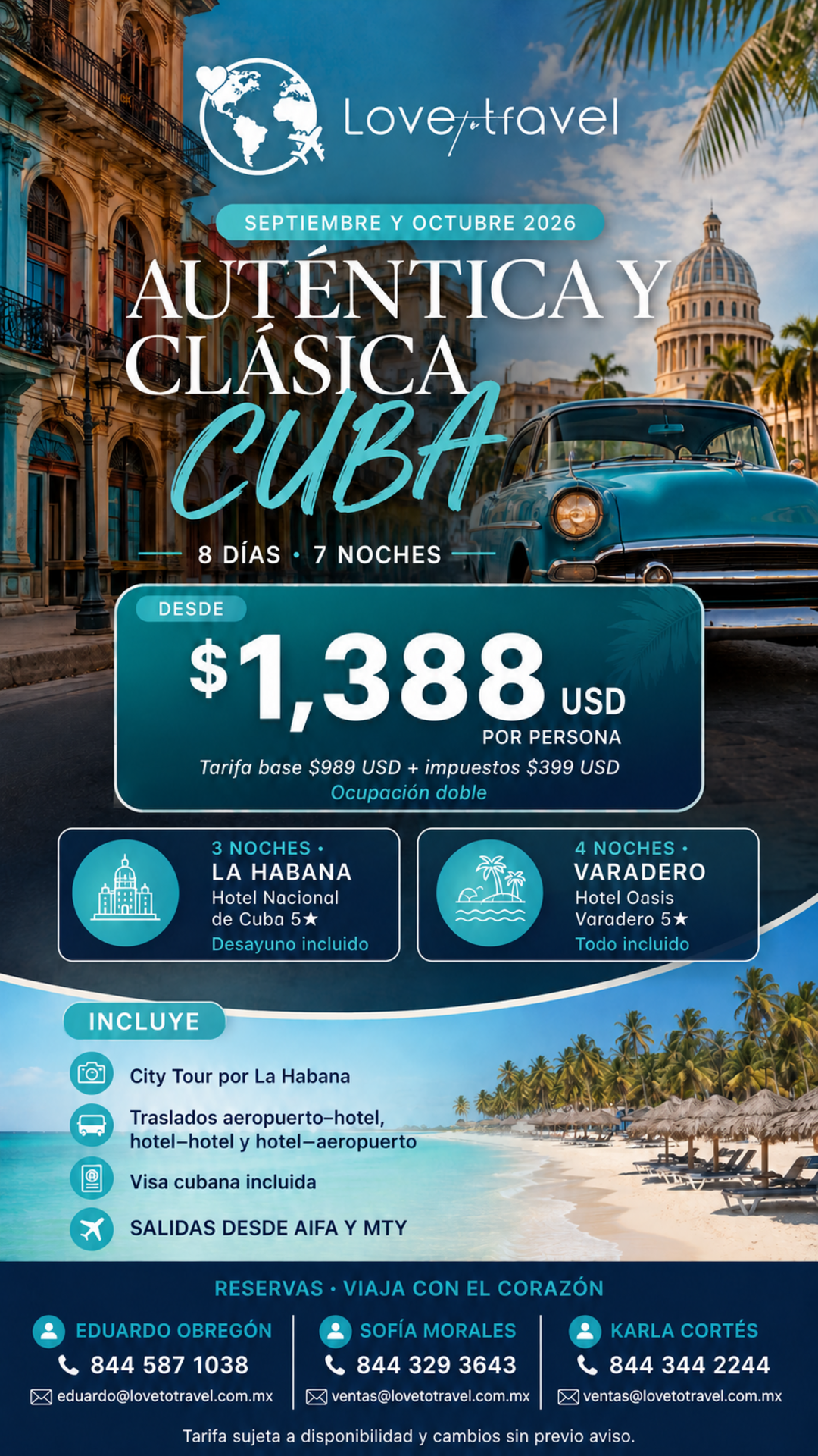 Promoción Auténtica y Clásica Cuba de 8 días y 7 noches, desde 1,388 dólares por persona
