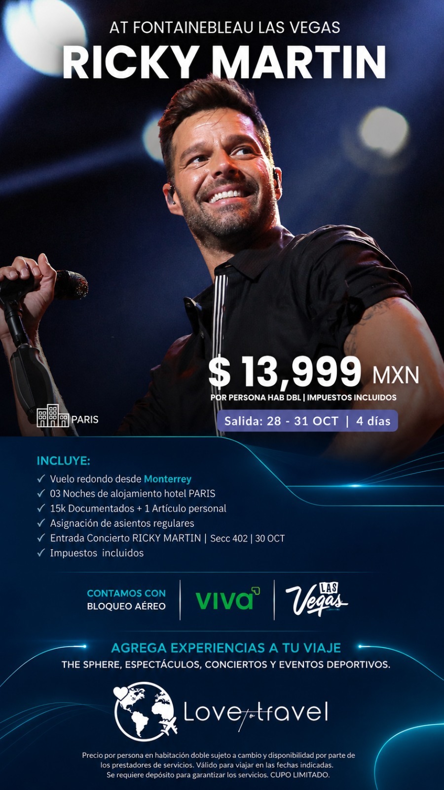 Promoción Ricky Martin en Las Vegas del 28 al 31 de octubre, desde 13,999 pesos por persona